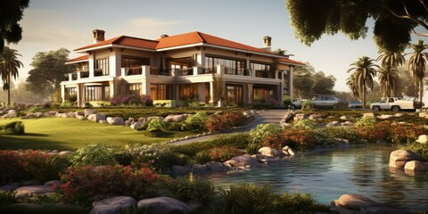 Fototapeta na wymiar modern villa with swimming pool building the house of the future ecological generative ai
