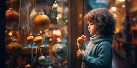 Naklejka premium a little girl looks in the new year's shop window. the concept of christmas generative ai