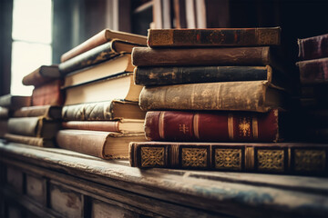old books on wooden table blurry library in background with copy space 