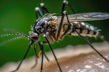 Fototapeta premium Asian Tiger Mosquito close-up image. Generative AI.