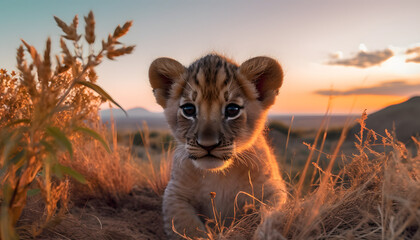 lion cub in the wild - obrazy, fototapety, plakaty