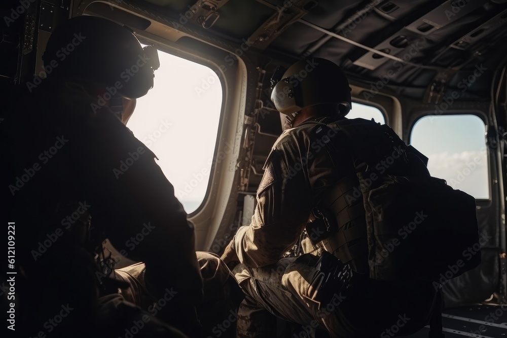 Wall mural United States Air Force (USAF) special forces soldiers in a helicopter cockpit, Para commando military soldiers are waiting in the aircraft, AI Generated