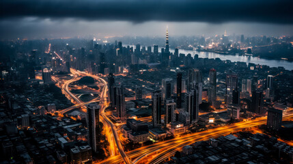 Fototapeta premium Digital Art Urban Abstract Graphic : A Mesmerizing Cityscape of Abstract Art and Enchanting Lighting, Unveiling Wonderful Lines and Captivating Beauty