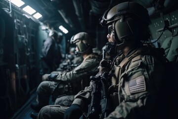 Fototapeta na wymiar Special forces soldier in military uniform and helmet with assault rifle in war room, Para commando military soldiers are waiting in the aircraft, AI Generated