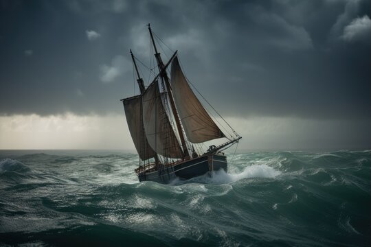 Vintage sailboat in a stormy sea, vintage style photo. Old sailboat caught in a big storm at sea, AI Generated
