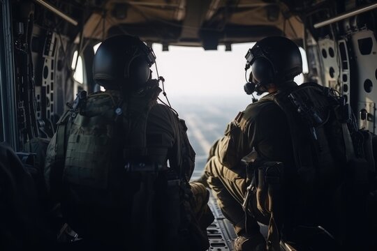 United States Air Force special forces soldiers in helicopter cockpit during operation. Para commando military soldiers are waiting in the aircraft, AI Generated