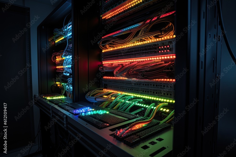 Poster fiber optic with servers in a technology data center. 3d render, rackmount led console in a server r