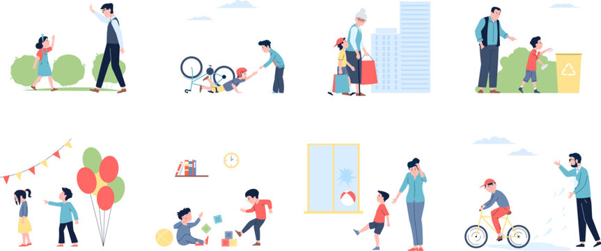 Bad behavior kids and broken friendship. Polite and aggressive, teasing children. Conflict with child and adults, misbehave recent vector characters