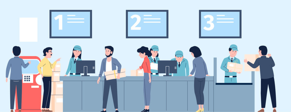 Post delivery office and visitors with letters and parcels. Letter order, postal service and workers behind desk. Waiting line recent vector characters