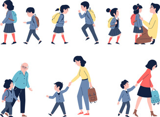 Students back to school characters. Little pupil with backpack and mother. Kindergarten or primary class, autumn study recent vector children