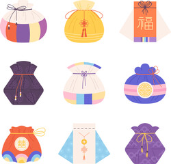 Chinese lucky bags. Art flat korean bag, gift or fortune symbols. Asian oriental tradition elements, fabric pockets. Holiday purses racy vector icons