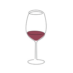 Glass with red wine drawn in one continuous line. One line drawing, minimalism. Vector illustration.