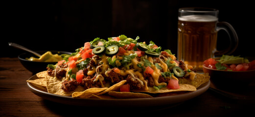 Delicious Nachos, Nachos, Delicious Nachos Isolated on Dark Background, Ai Generated Art.