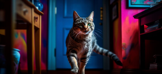 Fototapeta na wymiar Cute Cat Playing in the Colorful Room. Colorful Room. Cute Kitty. Ai Generated Art.