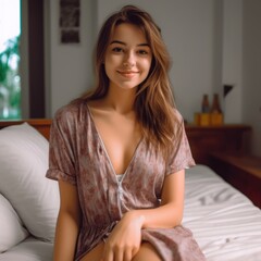 Obraz premium Beautiful attractive young woman sitting at her bedroom looking at the camera smiling. Generative AI