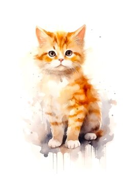 Cute fluffy orange kitten on white background, cartoon watercolor illustration. Generative AI.
