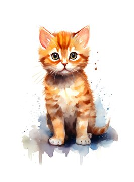 Cute orange kitten on white background, cartoon watercolor illustration. Generative AI.