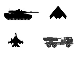 Avion de chasse, char et lance roquettes en icônes