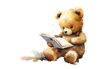  cute teddy bear reading a book in watercolor design isolated on transparent background