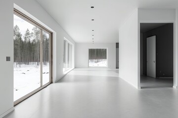 bright and airy hallway with expansive windows and sliding glass doors. Generative AI