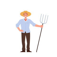 Isolated man farmer cartoon rancher character standing with pitchfork ready for agricultural work