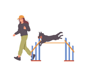 Young woman trainer teaching dog to jump over obstacles conducting agility training exercise
