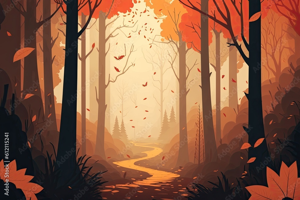 Poster serene forest path leading through the trees. generative ai