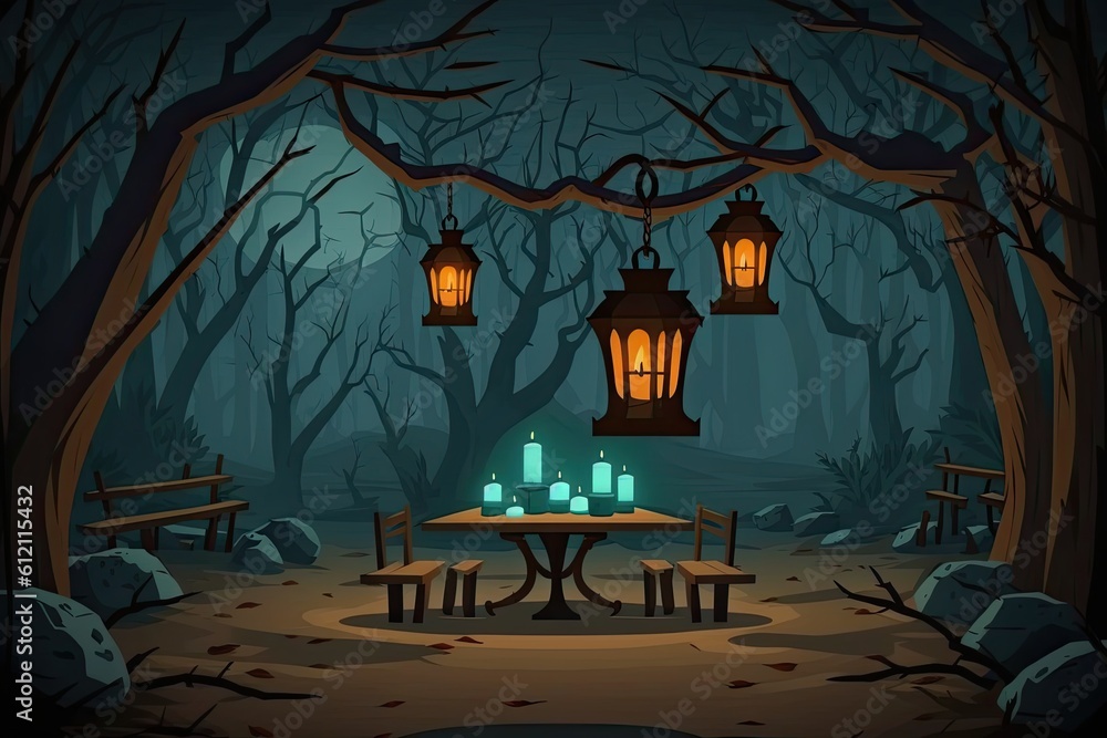 Poster mysterious forest scene with a table and lanterns. generative ai
