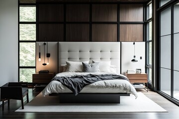 spacious bedroom with a king-size bed and multiple windows. Generative AI