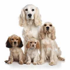 Fluffy dog breed Cocker Spaniel with puppies isolated on white background close-up, cute pets, generative ai