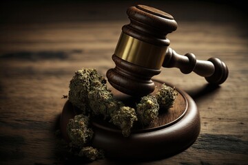 wooden judges gavel with cannabis buds on top. Generative AI - obrazy, fototapety, plakaty