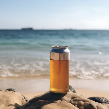Cold misted can of fresh beer covered with water drops on the beach against the background of the sea, summer vacation, resort, south sea, generative ai
