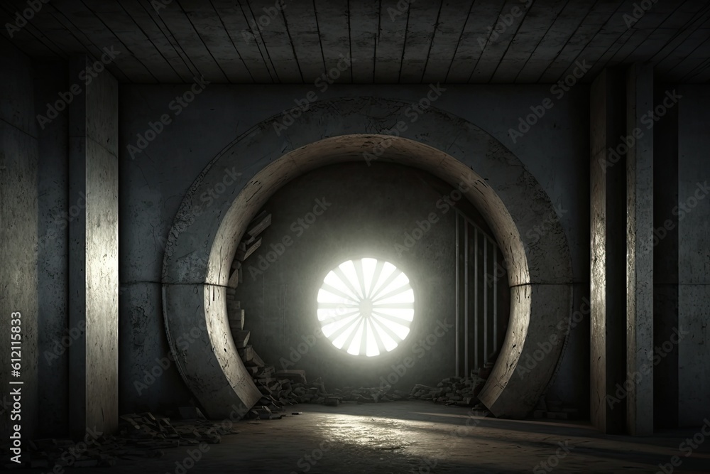 Aufkleber dimly lit room with a circular window, creating a mysterious atmosphere. generative ai