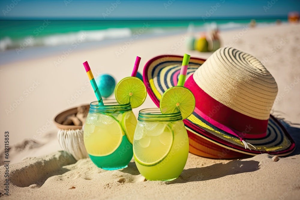 Sticker Alcoholic summer drinks with lime served in vibrant cups on a white sand beach. Hat and sunglasses are in the backdrop. Concept of a summertime seaside holiday and journey. Generative AI