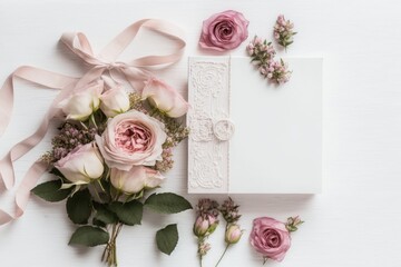 Composition of flowers. Pink flowers on a white wooden backdrop. Its Valentines Day. Copy space, flat lay, and top view. Generative AI