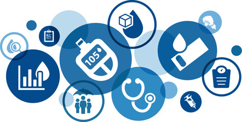 Diabetes vector illustration. Blue concept with icons related to diabetic checkup or monitoring, medical blood sugar or blood glucose screening, healthcare, administering insulin.