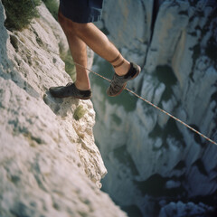 Legs of man walking on tightrope over an abyss close-up, tightrope walker high above cliff, dangerous work, ai generative