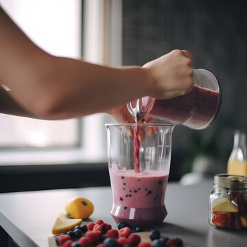 Hand pours an appetizing pink berry smoothie into glass, close-up, concept of healthy wholesome diet, generative ai