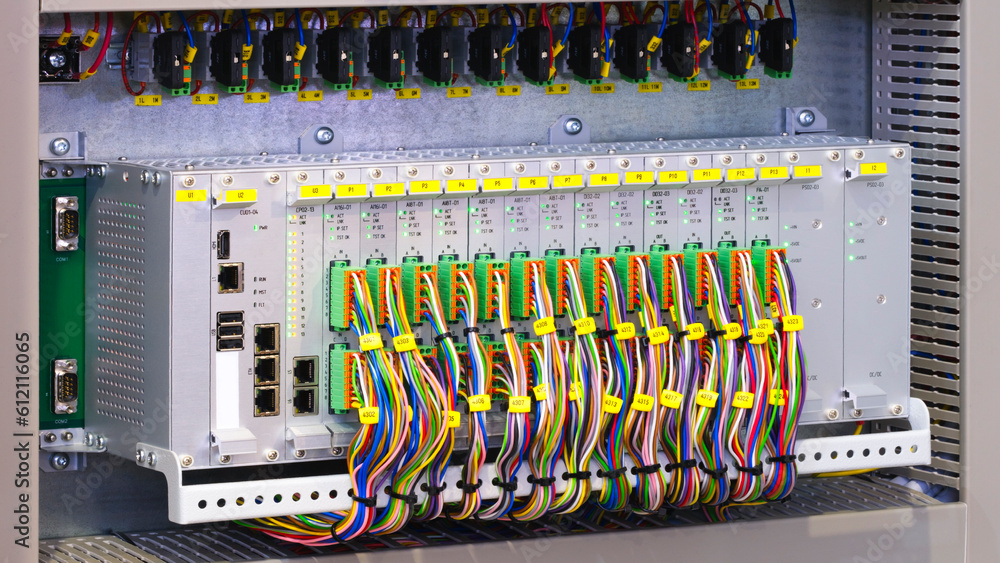 Poster new automated system of electric power supply and distribution. electric boxes with high-voltage equ