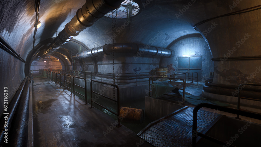 Poster dark moody underground sewer tunnel. 3d rendering.