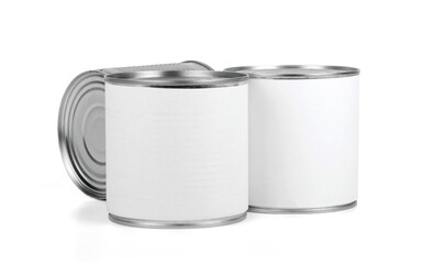 Three different canned food cans isolated on white.