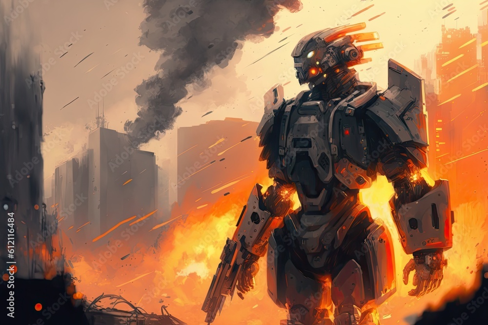 Poster robot standing in front of a raging fire. generative ai