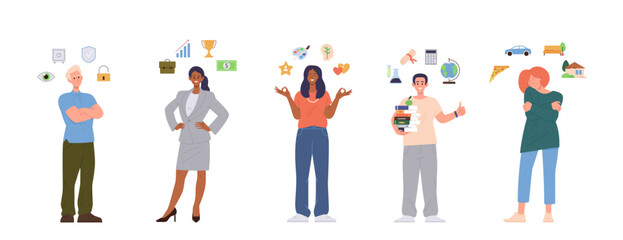 Set of diverse people flat cartoon characters different from each other in basic human needs