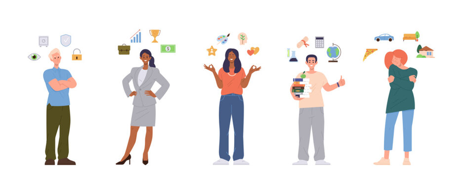 Set of diverse people flat cartoon characters different from each other in basic human needs