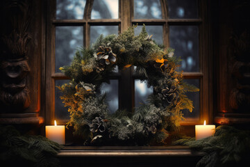 Fototapeta na wymiar Christmas wreath with candle. Generative AI