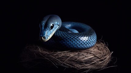 Fototapeta premium Blue snake on black background. Generative AI. (1)