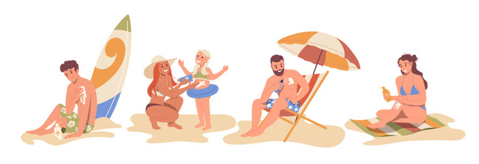 Set of people characters applying sunscreen cosmetics to protect from sun while rest on sand beach