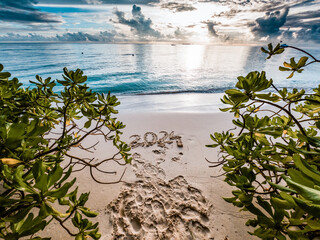 2024 written in sand on tropical beach