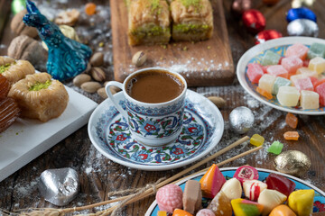 Turkish Coffee in the Colorful Eid Candy and Chocolate, Traditional Ottoman Cuisine Desserts,...