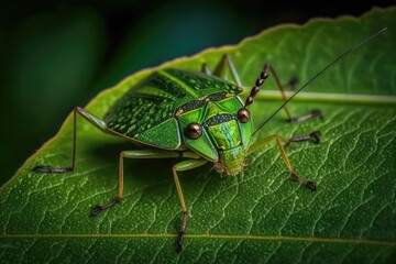 Fototapeta premium vibrant green insect perched on a leaf in close-up. Generative AI